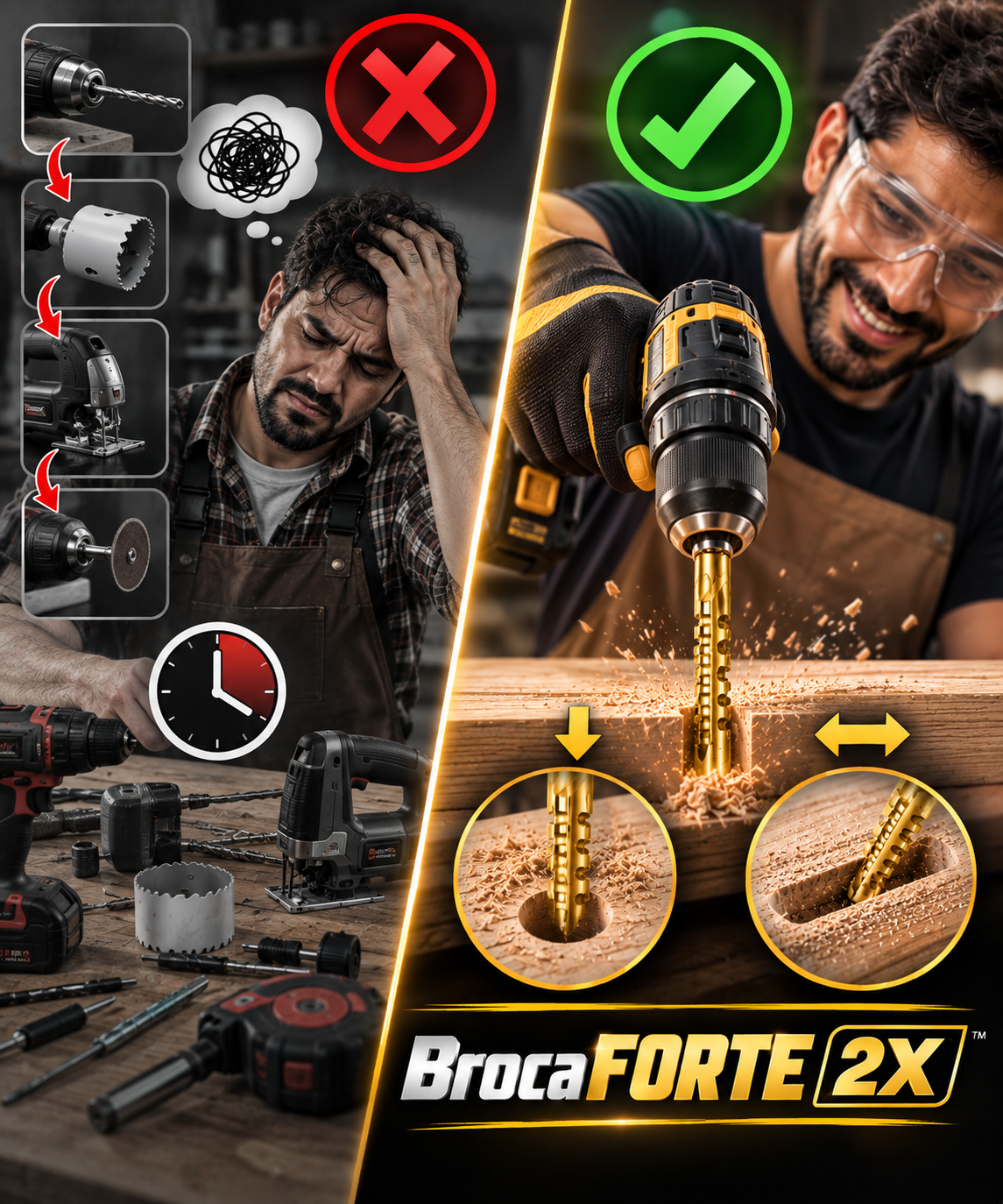 🔩 BrocaForte 2X™ ⚡ PERFORA + CORTA 🛠️ 6 medidas • 2 funciones ⏱️ Sin cambiar de herramienta.