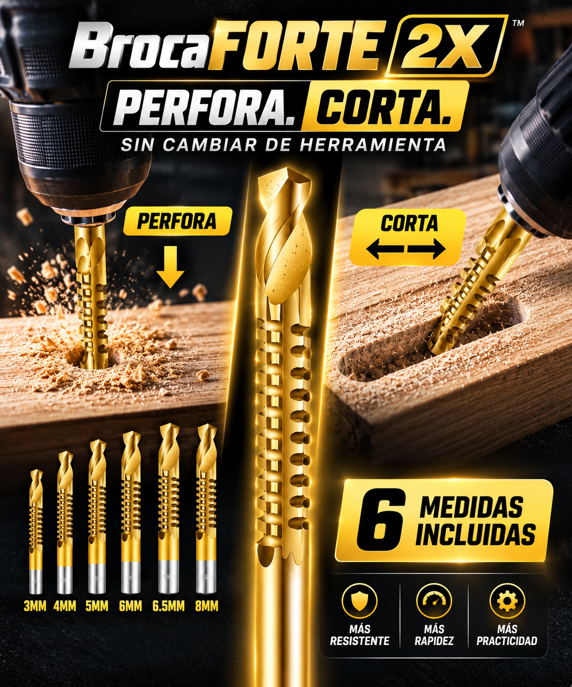 🔩 BrocaForte 2X™ ⚡ PERFORA + CORTA 🛠️ 6 medidas • 2 funciones ⏱️ Sin cambiar de herramienta.
